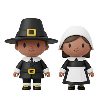 Charming cartoon pilgrim couple, male and female, celebrating thanksgiving, isolated on transparent background