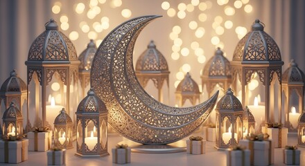Ramadan crescent moon and lanterns with bokeh lights for festive celebration