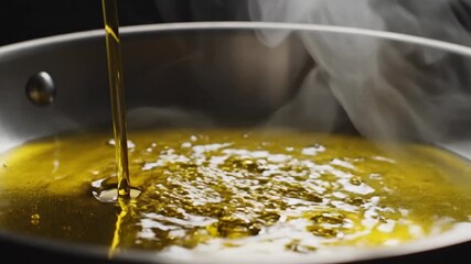 Olive oil being poured into a hot pan with steam rising creating a culinary scene perfect for cooking demonstrations and healthy eating promotions with a focus on fresh ingredients