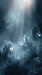 Crystalline Abundance: A captivating close-up of geological wonders, crystalline formations rising towards a beam of celestial light, and a misty environment