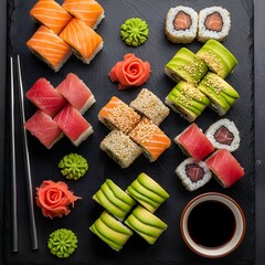 Fototapeta premium Sushi platter with salmon tuna avocado and soy sauce on slate