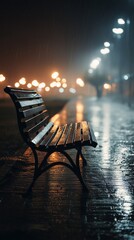 Solitary Bench in Rainy Twilight: An inviting wooden bench stands under the soft glow of streetlights amidst a serene rainy atmosphere. Its presence evokes a sense of calm reflection.