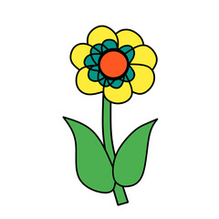 Simple cartoon flower with yellow petals and green leaves