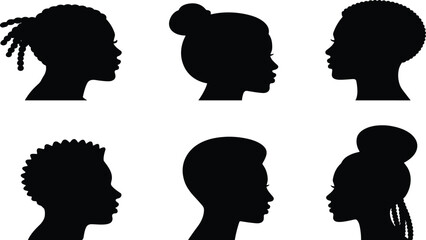 Hair silhouette, profile diversity, black graphic, vector illustration, hairstyle icon, braid bun curl, cultural texture, beauty figure, style poseHair silhouette, profile diversity, black graphic