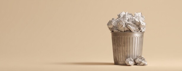 Crumpled Papers in Bin: A metal waste bin, overflowing with discarded, crumpled paper. Illustrating the ideas of failure, rejection, or the creative process.