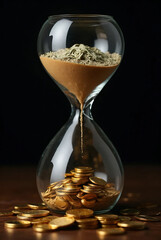 Hourglass with sand and gold coins representing time and money
