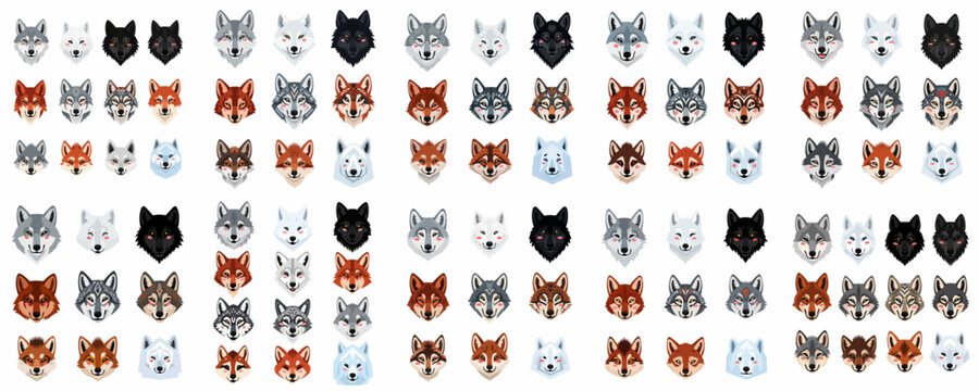 Collection of stylized cartoon wolf and fox faces, vector illustrations featuring different fur colors, artistic designs, and expressions.