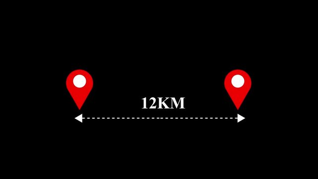 12 km distance from one place to another animation isolated on black background