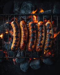 Smoky Sausage Delight: Sizzling sausages, char-grilled to perfection over hot coals, offering a tantalizing feast for the eyes and a promise of savory flavors.
