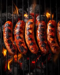 Sizzling Sausage Feast: A tantalizing close-up showcases a collection of savory sausages grilling over hot coals, their surfaces beautifully browned and subtly charred.