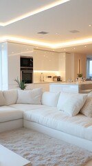 Fototapeta premium The bright interior with a spacious kitchen and soft sofa creates a cosy atmosphere, ideal for the main backdrop in residential design.