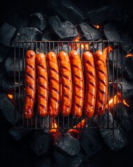 Sizzling Sausage on the Grill: Overhead shot of juicy sausages grilled to perfection on a bed of glowing coals, a culinary delight ready to be savored.