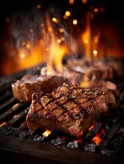 Sizzling Steak: Capture the art of grilling with close-up shot of juicy steak on the BBQ grill, with tongues of flame licking at the meat. Capturing the deliciousness of food and the art of cooking.