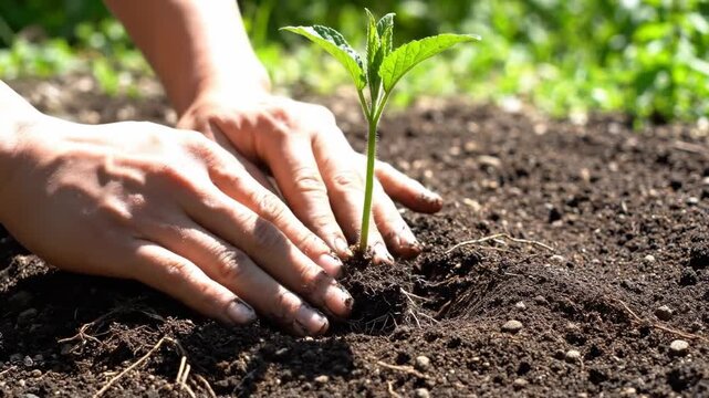 Hands Planting a Young Seedling into the Earth with Care in a Sunny Outdoor Environment
