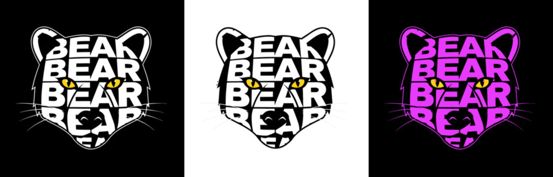 Stylized polar bear's head vector design formed from overlapping text "BEAR" in three color variations, Isolates on contrasting removable background. For prints, t-shirts, posters