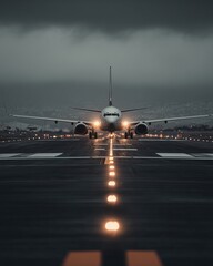 Aviation Ascendancy: A modern passenger plane poised on the runway, its illuminated lights cutting through a misty twilight, ready for its flight.