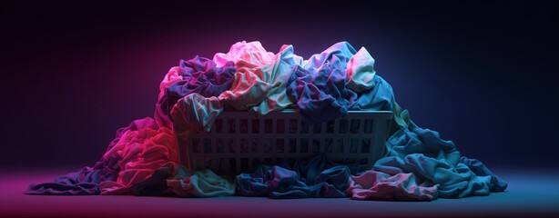 Laundry Basket: A vibrantly illuminated laundry basket overflowing with colorful clothes, illuminated in a surreal and modern studio light. 