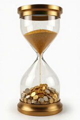 Time is money concept: golden hourglass with glitter and coins