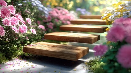Wooden park bench in summer nature garden grass