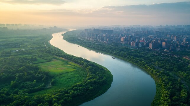 The river bend divides the urban landscape into natural harmony and urban chaos, serving as the perfect backdrop for environmental presentations or urban development projects.