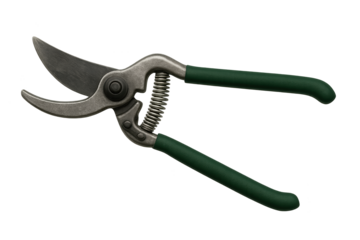 Metal pruner with curved blades and green-handled grips