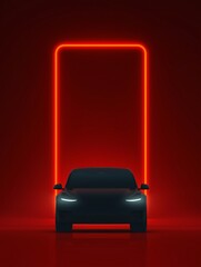 Automotive Illumination: A sleek, modern car stands centered within a vibrant neon frame, showcasing design and innovation against a bold, red backdrop.