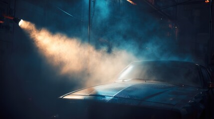 Mysterious Encounter: A vintage car is shrouded in a hazy atmosphere, illuminated by a dramatic spotlight that casts an evocative scene.
