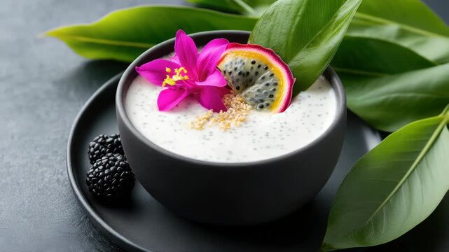 chia pudding with dragon fruit, passion fruit, and edible flowers, artistic tropical food styling, vibrant colors, hig