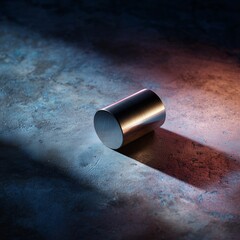 Metallic Cylinder: The image presents a striking studio shot of a polished metallic cylinder, with sharp, focused lighting that creates dramatic shadows.