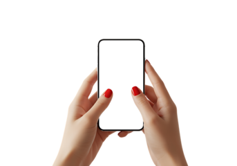Woman holding smartphone with blank white screen on black background mockup