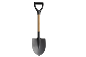 Garden shovel with wooden shaft, black D-grip handle, and gray metal blade