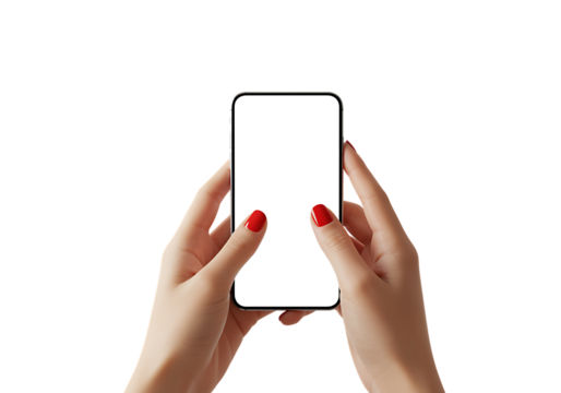 Woman holding smartphone with blank white screen on black background mockup - Powered by Adobe