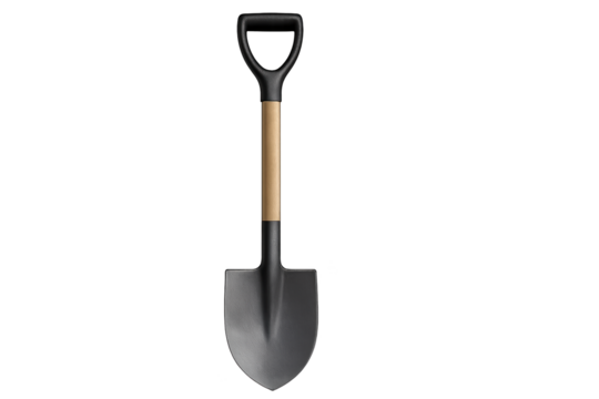 Garden shovel with wooden shaft, black D-grip handle, and gray metal blade
