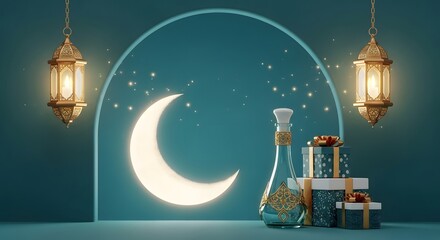 Eid mubarak celebration with crescent moon lanterns and gifts