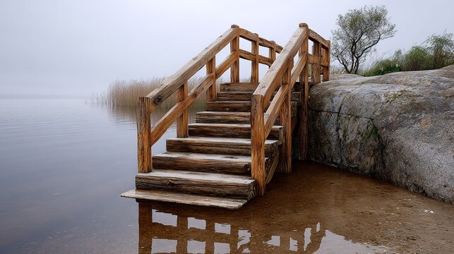 Old wooden bridge over the river in a foggy nature landscape