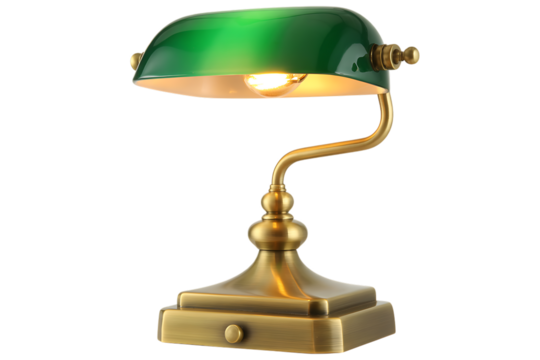 Vintage Brass Desk Lamp with Green Glass Shade Keywords: lamp, desk lamp, vintage, antique isolated on a transparent background