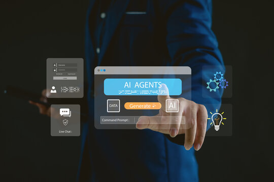 business professional interacting with a digital AI agent interface, showcasing data automation, innovation, and smart technology for modern workflow, cybersecurity, and intelligent system solutions.