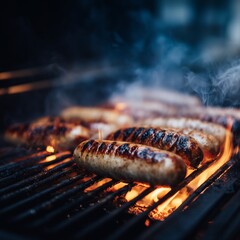 Smoky Grill Delight: a close-up shot of grilling sausages with sizzling heat. capturing the delicious food and culinary pleasure.