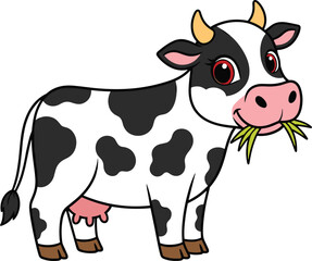 Cute cartoon dairy cow character chewing hay, happy black and white farm animal with udders and horns, funny cattle mascot vector illustration on white background