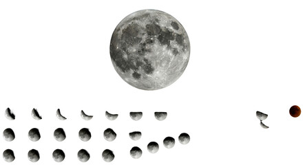A large, ultra-photorealistic full moon with craters and rays above a precise grid of 24 lunar eclipse phases on a deep black background, concept of scientific astronomical visualization