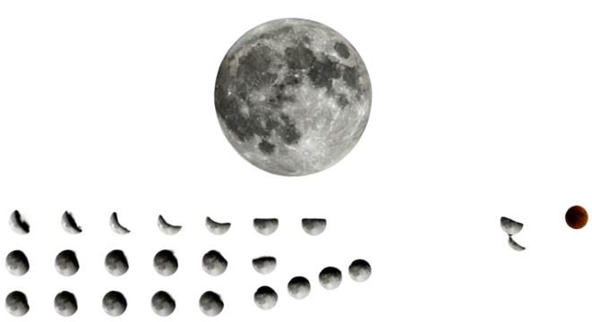 A large, ultra-photorealistic full moon with craters and rays above a precise grid of 24 lunar eclipse phases on a deep black background, concept of scientific astronomical visualization