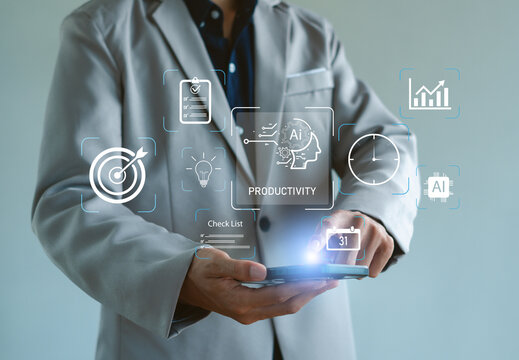 AI-driven productivity concept with businessman using a smartphone surrounded by virtual icons for goals, tasks, analytics, scheduling, smart automation to enhance modern digital workflow efficiency.