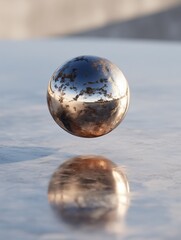 Sphere and Reflection: A lustrous metallic sphere floats above a reflective surface, showcasing intricate textures and subtle reflections. This abstract image explores the play of light and form.