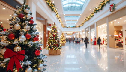 Christmas Shopping Mall Interior with Festive Lights and Decorations — Retail Holiday Photography