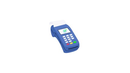 Animation the blue payment terminal machine displays a green checkmark success animation. - Powered by Adobe