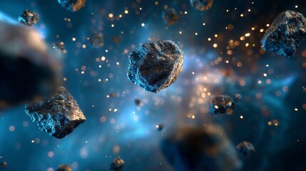 Celestial Journey: A captivating image unveils a cosmic dance of asteroids suspended in a swirling nebula of stars, inviting viewers to explore the vast expanse of space.
