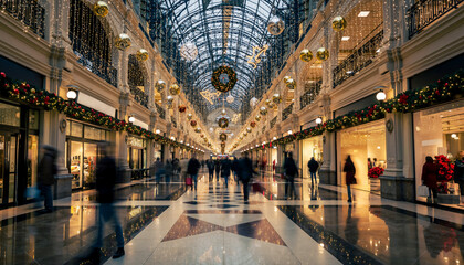 Christmas Shopping Mall Interior with Festive Lights and Decorations — Retail Holiday Photography