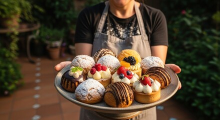 Person in apron holding plate of fresh assorted pastries outdoors on a bright sunny day in a garden