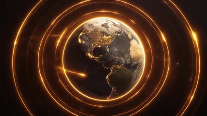 Earth Orbiting with Glowing Golden Rings Against a Dark Starry Background planet globe