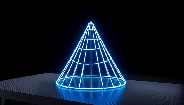 Futuristic Neon Blue Wireframe Cone or Abstract Christmas Tree on Black Background - Powered by Adobe